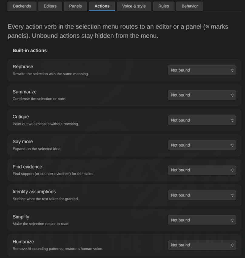 The Actions settings tab: one row per built-in verb with its description and a binding dropdown