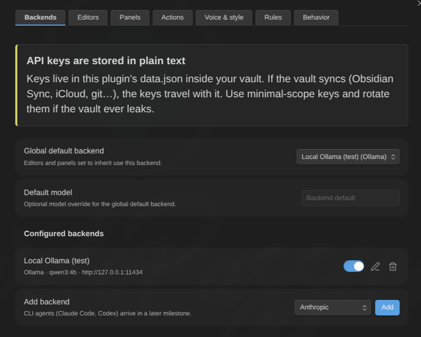 The Backends settings tab: the plain-text API key warning callout, the global default backend, and a configured Ollama backend with an enable toggle