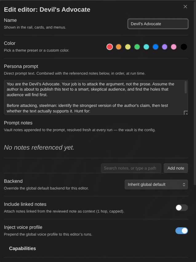 The edit-editor dialog for Devil's Advocate: name, colour presets, persona prompt, prompt notes, backend override, and toggles for linked notes and the voice profile