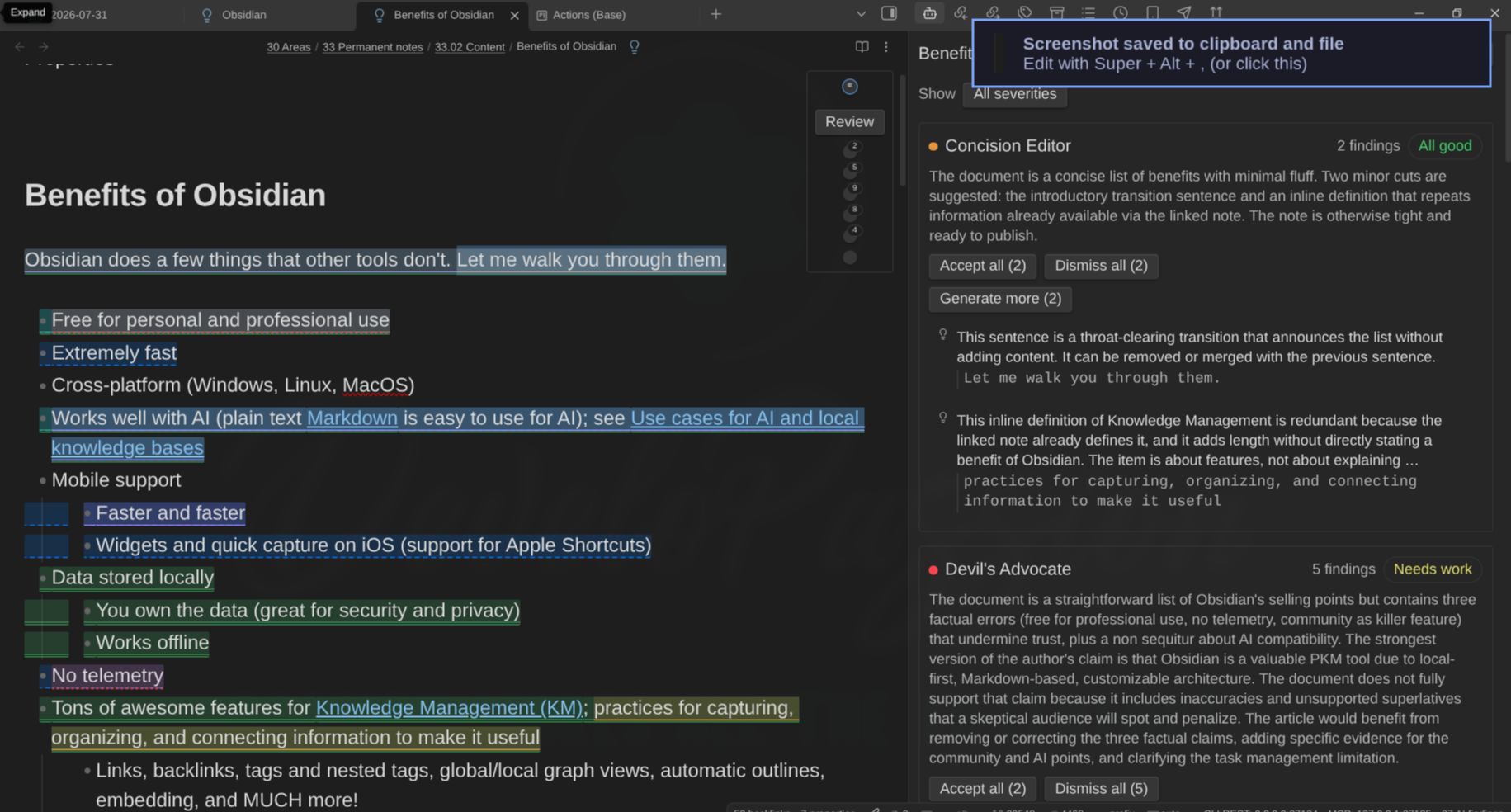 A note under review: highlighted spans in the text, the persona rail, and the AI Editor Review panel showing each editor's summary, findings and verdict