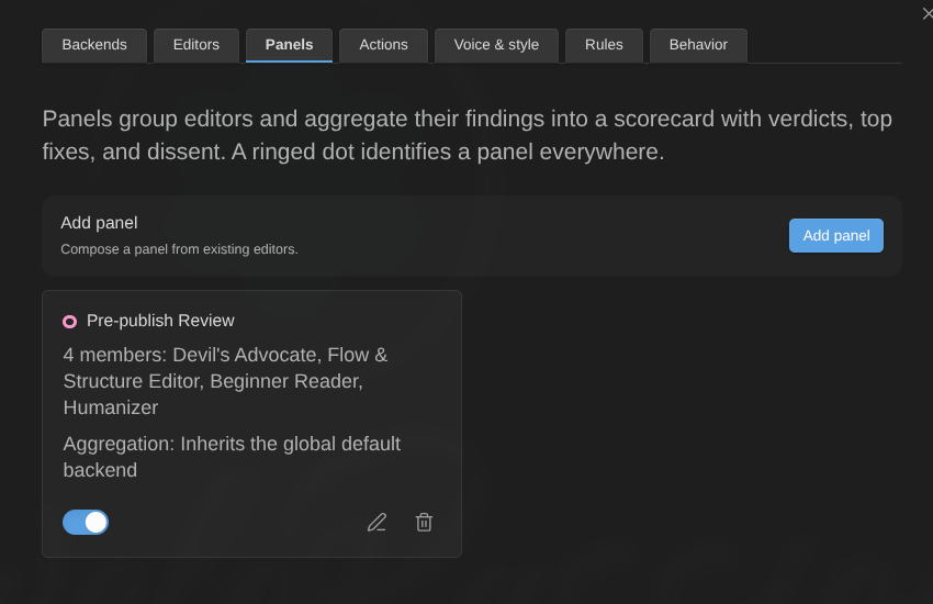 The Panels settings tab: the Pre-publish Review panel card listing its four members and aggregation backend, with an enable toggle