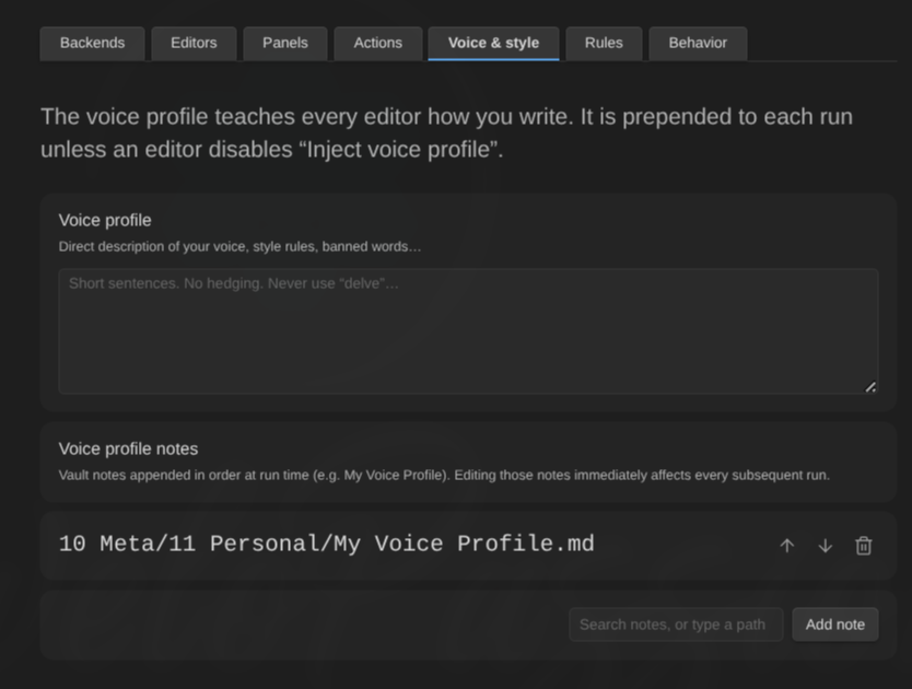 The Voice & style settings tab: the voice profile textarea and an ordered list of voice profile notes resolved from the vault