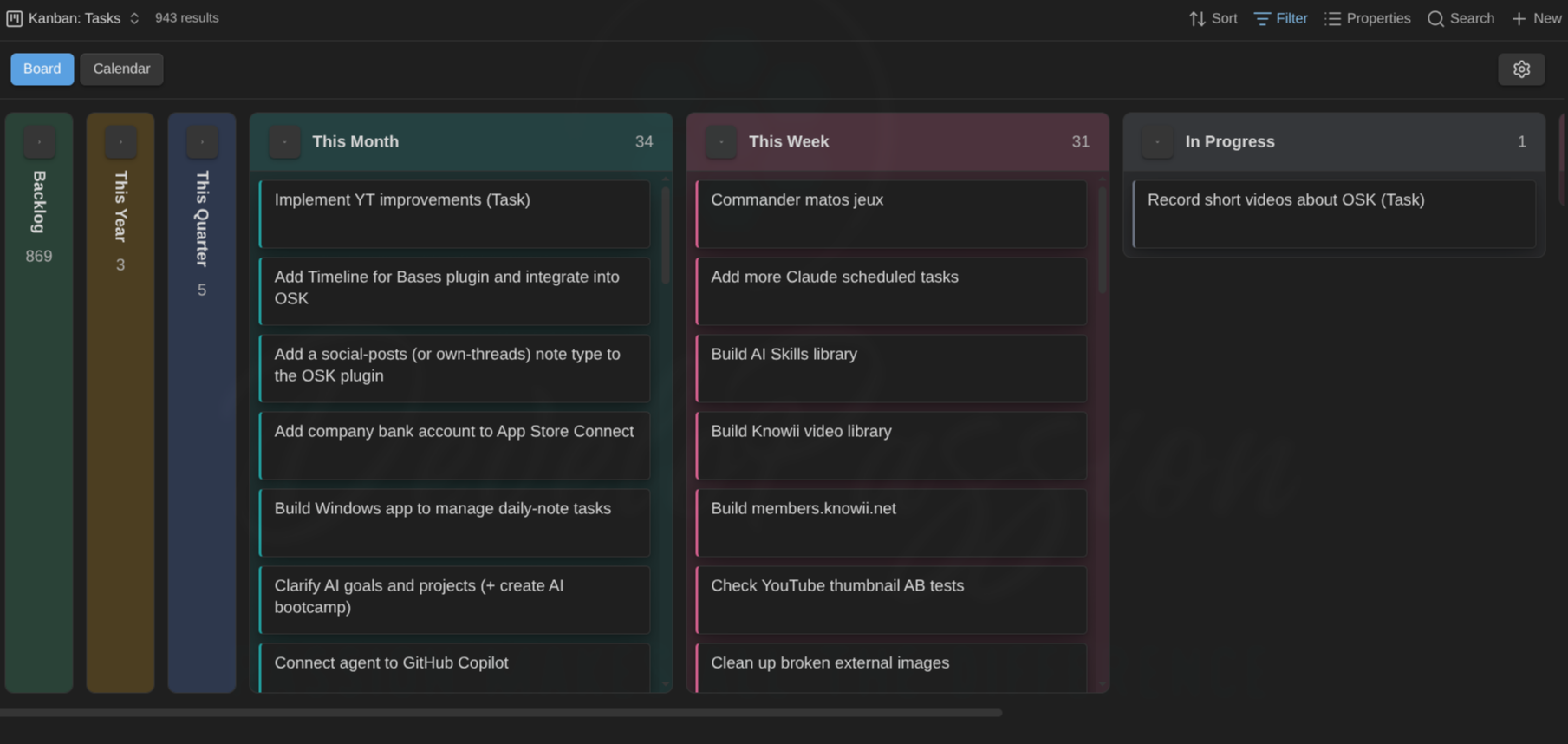 A task board with collapsed columns