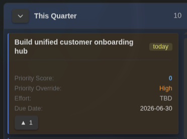 A card with a due countdown and color-coded properties