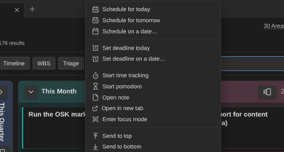Start time tracking and Start pomodoro in the card menu