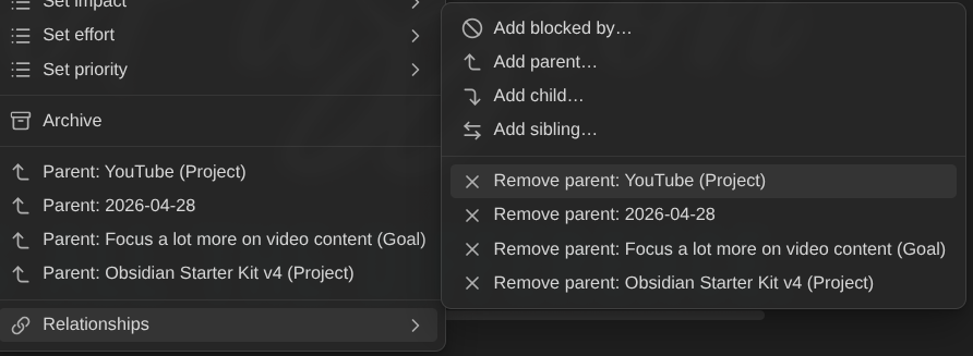Editing relationships and statuses from the card menu