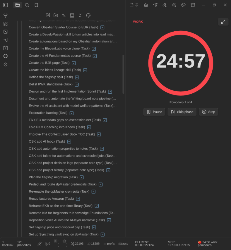 The pomodoro timer widget in the sidebar