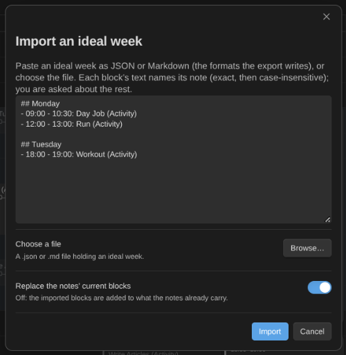Importing an ideal week from Markdown
